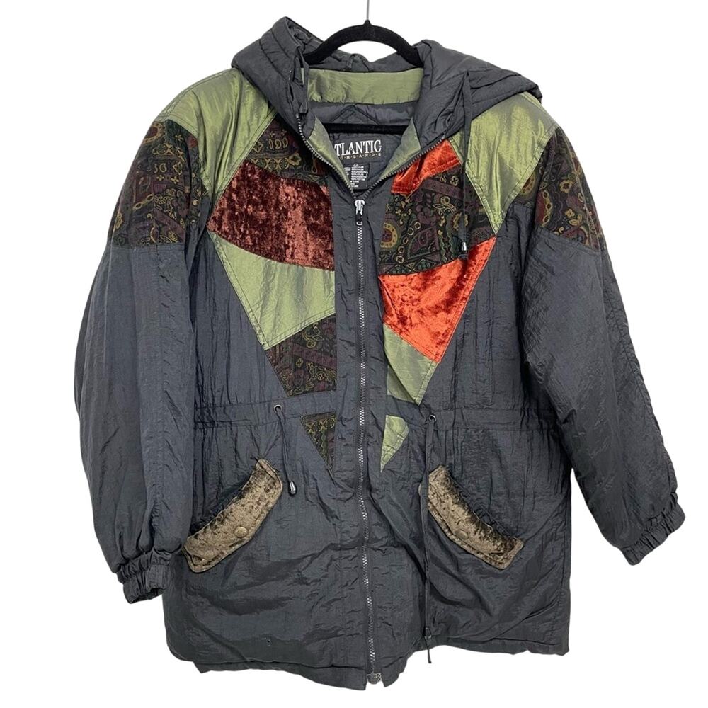 Vintage Atlantic Highlands Black & Green 1990s Parka Coat Womens M Patchwork